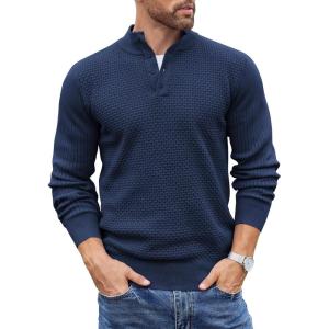 imageCOOFANDY Mens Quarter Button Sweater Lightweight Mock Neck Pullover Sweater Fashion Casual Knitted Henley SweaterNavy Blue