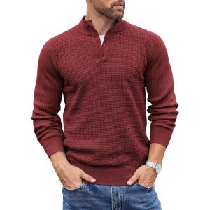 imageCOOFANDY Mens Quarter Button Sweater Lightweight Mock Neck Pullover Sweater Fashion Casual Knitted Henley SweaterWine Red