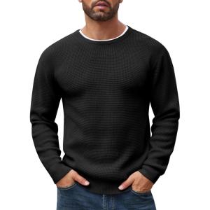 imageCOOFANDY Mens Crewneck Sweater Waffle Textured Pullover Sweaters Soft Midweight Knitted SweatersBlack