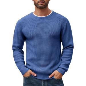 imageCOOFANDY Mens Crewneck Sweater Waffle Textured Pullover Sweaters Soft Midweight Knitted SweatersBlue
