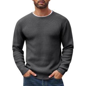 imageCOOFANDY Mens Crewneck Sweater Waffle Textured Pullover Sweaters Soft Midweight Knitted SweatersDark Grey