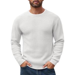 imageCOOFANDY Mens Crewneck Sweater Waffle Textured Pullover Sweaters Soft Midweight Knitted SweatersWhite