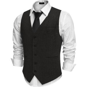 imageCOOFANDY Mens Herringbone Tweed Suit Vests Slim Fit Waistcoat Casual Business Dress VestBlack