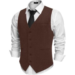 imageCOOFANDY Mens Herringbone Tweed Suit Vests Slim Fit Waistcoat Casual Business Dress VestBrown