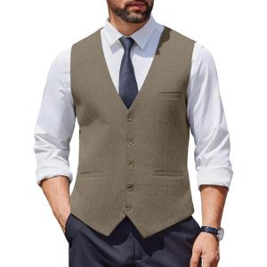 imageCOOFANDY Mens Herringbone Tweed Suit Vests Slim Fit Waistcoat Casual Business Dress VestGreen