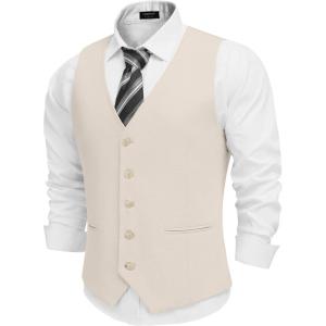imageCOOFANDY Mens Linen Vest Casual Business Suit Vests Slim Fit Formal Dress WaistcoatBeige