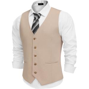 imageCOOFANDY Mens Linen Vest Casual Business Suit Vests Slim Fit Formal Dress WaistcoatKhaki