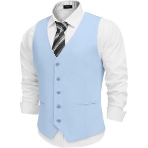 imageCOOFANDY Mens Linen Vest Casual Business Suit Vests Slim Fit Formal Dress WaistcoatLight Blue