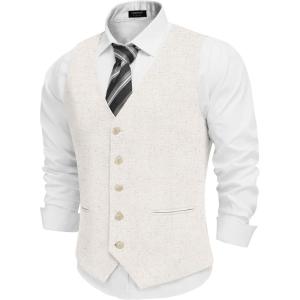 imageCOOFANDY Mens Linen Vest Casual Business Suit Vests Slim Fit Formal Dress WaistcoatLight Khaki