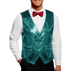 imageCOOFANDY Mens Sequins Vest Slim Fit Christmas Party Vest Shiny Dress Waistcoat for Wedding 80s 90s PromEventsDark Green