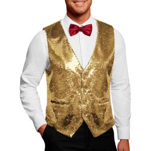 imageCOOFANDY Mens Sequins Vest Slim Fit Christmas Party Vest Shiny Dress Waistcoat for Wedding 80s 90s PromEventsGold