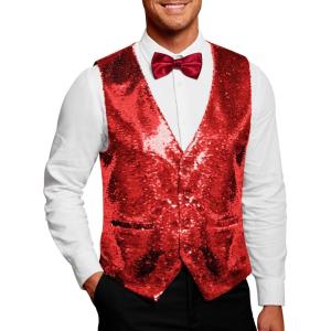 imageCOOFANDY Mens Sequins Vest Slim Fit Christmas Party Vest Shiny Dress Waistcoat for Wedding 80s 90s PromEventsRed