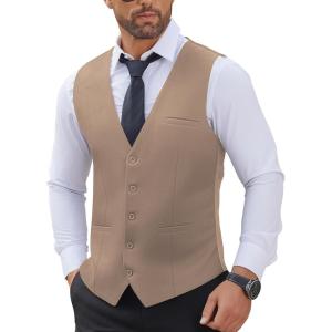 imageCOOFANDY Mens Suit Vests Business Casual Vest Lightweight Formal Dress Vest Slim Fit Waistcoat For Suits TuxedoKhaki
