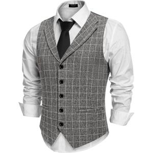 imageCOOFANDY Mens Suit Vests Slim Fit Waistcoat Notch Lapel Casual Formal VestCheckered  Gray