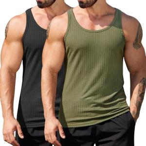 imageCOOFANDY Mens Workout Tank Top Ribbed Knit Sleeveless Gym Muscle T Shirts Bodybuilding TeeBlackArmy Green 2 Pcs