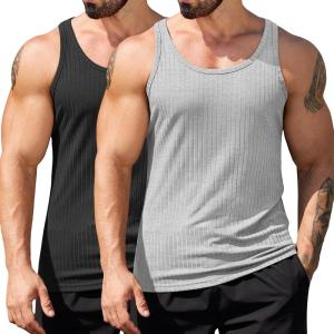 imageCOOFANDY Mens Workout Tank Top Ribbed Knit Sleeveless Gym Muscle T Shirts Bodybuilding TeeBlackLight Grey 2 Pcs