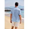 imageCOOFANDY Mens Casual Henley Shirt Band Collar Short Sleeve Shirt Summer Beach Hippie ShirtWhite Stripes on Blue