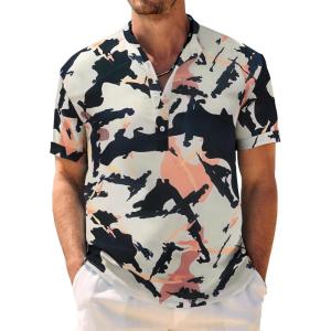 imageCOOFANDY Mens Casual Henley Shirt Band Collar Short Sleeve Shirt Summer Beach Hippie ShirtAbstract Camouflage  Dark Blue Orange Apricot