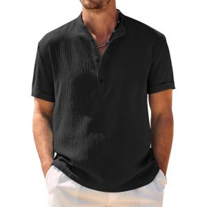 imageCOOFANDY Mens Casual Henley Shirt Band Collar Short Sleeve Shirt Summer Beach Hippie ShirtBlack