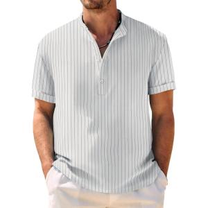 imageCOOFANDY Mens Casual Henley Shirt Band Collar Short Sleeve Shirt Summer Beach Hippie ShirtBlack Stripes on White