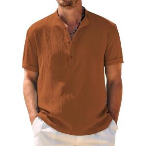 imageCOOFANDY Mens Casual Henley Shirt Band Collar Short Sleeve Shirt Summer Beach Hippie ShirtBrown