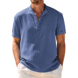 imageCOOFANDY Mens Casual Henley Shirt Band Collar Short Sleeve Shirt Summer Beach Hippie ShirtDark Blue
