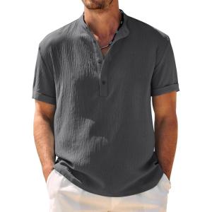 imageCOOFANDY Mens Casual Henley Shirt Band Collar Short Sleeve Shirt Summer Beach Hippie ShirtDark Gray