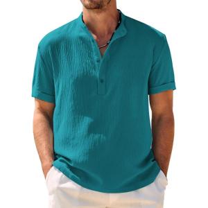 imageCOOFANDY Mens Casual Henley Shirt Band Collar Short Sleeve Shirt Summer Beach Hippie ShirtDark Peacock Blue