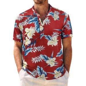 imageCOOFANDY Mens Casual Henley Shirt Band Collar Short Sleeve Shirt Summer Beach Hippie ShirtFlower Leaves  Red Blue Apricot