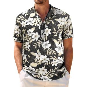 imageCOOFANDY Mens Casual Henley Shirt Band Collar Short Sleeve Shirt Summer Beach Hippie ShirtGreen White Leaves 1