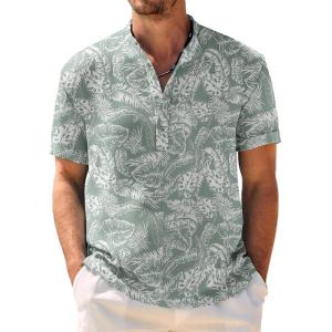 imageCOOFANDY Mens Casual Henley Shirt Band Collar Short Sleeve Shirt Summer Beach Hippie ShirtGreen White Leaves