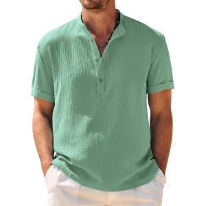imageCOOFANDY Mens Casual Henley Shirt Band Collar Short Sleeve Shirt Summer Beach Hippie ShirtIce Green