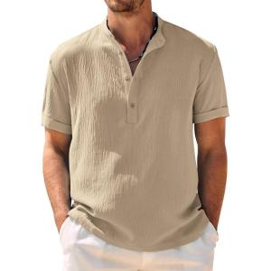 imageCOOFANDY Mens Casual Henley Shirt Band Collar Short Sleeve Shirt Summer Beach Hippie ShirtKhaki