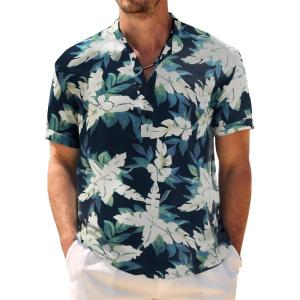imageCOOFANDY Mens Casual Henley Shirt Band Collar Short Sleeve Shirt Summer Beach Hippie ShirtLeavesblue Beige