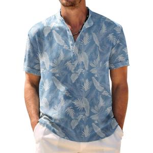 imageCOOFANDY Mens Casual Henley Shirt Band Collar Short Sleeve Shirt Summer Beach Hippie ShirtLight Blue Flower
