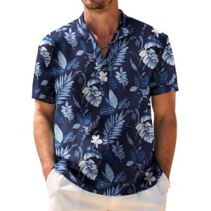 imageCOOFANDY Mens Casual Henley Shirt Band Collar Short Sleeve Shirt Summer Beach Hippie ShirtLight Blue Hawaiian Flower