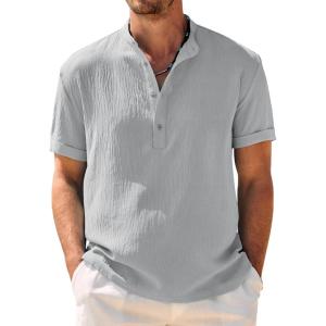 imageCOOFANDY Mens Casual Henley Shirt Band Collar Short Sleeve Shirt Summer Beach Hippie ShirtLight Grey