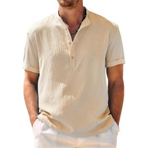 imageCOOFANDY Mens Casual Henley Shirt Band Collar Short Sleeve Shirt Summer Beach Hippie ShirtLight Khaki