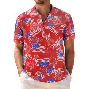 imageCOOFANDY Mens Casual Henley Shirt Band Collar Short Sleeve Shirt Summer Beach Hippie ShirtNational Flag Fireworks  Red White Blue
