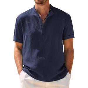 imageCOOFANDY Mens Casual Henley Shirt Band Collar Short Sleeve Shirt Summer Beach Hippie ShirtNavy Blue