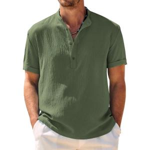 imageCOOFANDY Mens Casual Henley Shirt Band Collar Short Sleeve Shirt Summer Beach Hippie ShirtOlive Green