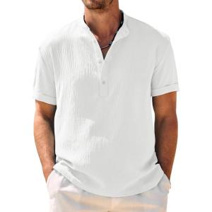 imageCOOFANDY Mens Casual Henley Shirt Band Collar Short Sleeve Shirt Summer Beach Hippie ShirtWhite