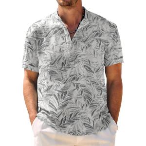imageCOOFANDY Mens Casual Henley Shirt Band Collar Short Sleeve Shirt Summer Beach Hippie ShirtWhite Black Flower