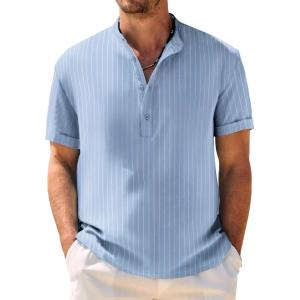 imageCOOFANDY Mens Casual Henley Shirt Band Collar Short Sleeve Shirt Summer Beach Hippie ShirtWhite Stripes on Blue