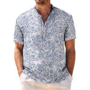 imageCOOFANDY Mens Casual Henley Shirt Band Collar Short Sleeve Shirt Summer Beach Hippie ShirtWhite and Blue Plant Leaves