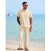 imageCOOFANDY Mens 2 Pieces Cotton Linen Sets Short Sleeve Casual Henley Shirt Summer Beach Pants Lounge Vacation Outfits SetBeige