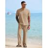imageCOOFANDY Mens 2 Pieces Cotton Linen Sets Short Sleeve Casual Henley Shirt Summer Beach Pants Lounge Vacation Outfits SetKhaki