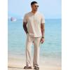 imageCOOFANDY Mens 2 Pieces Cotton Linen Sets Short Sleeve Casual Henley Shirt Summer Beach Pants Lounge Vacation Outfits SetLight Khaki