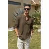 imageCOOFANDY Mens Cotton Linen Henley TShirts Long Sleeve Hippie Casual Beach TShirtsBrown