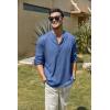 imageCOOFANDY Mens Cotton Linen Henley TShirts Long Sleeve Hippie Casual Beach TShirtsDenim Blue